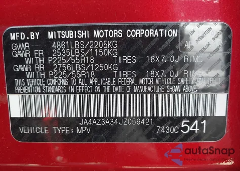 2018 Mitsubishi Outlander Es from USA, damaged, VIN JA4AZ3A34JZ059421